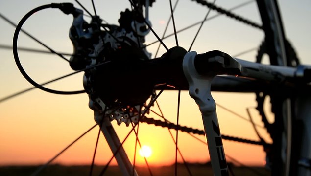Derailleur of racing bike at sunset