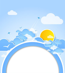 Good weather round background. Blue sky with clouds. Vector