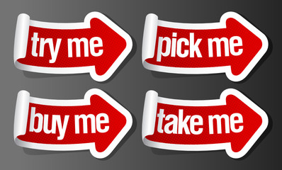 Pick me, buy me stickers in form of arrows. 