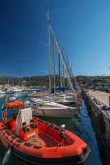 Red motorboat at marina Majorca Balearic islands Spain