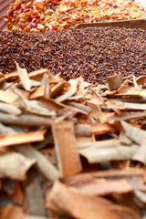 Traditional spices and dry fruits in local bazaar in India.