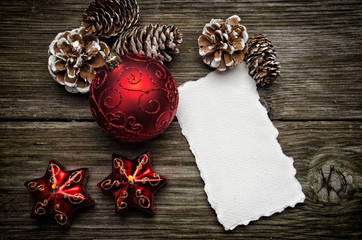 Christmas greeting card on wooden top