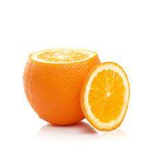 Juicy orange on a white background, close-up