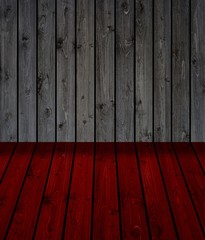 Raum mit roten und grauen Holzbrettern