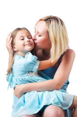 Happy mom and daughter on white