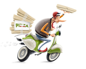 man delivering pizza on bicycle illustration isolated on white