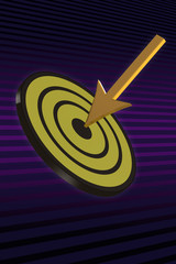 An arrow pointing to the center of a target, on a purple stripped background with lines