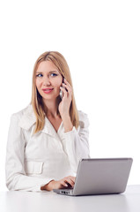 Woman with laptop on white