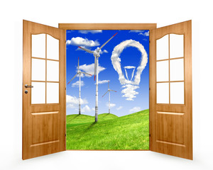 Open the door to the spring landscape with wind turbines