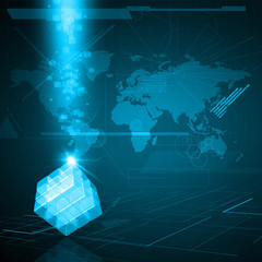 3d glass cube made of block on technology background