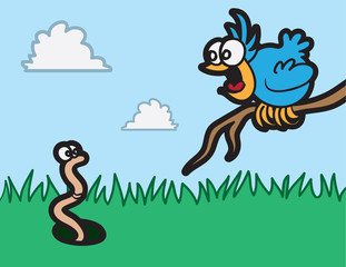 Cartoon bird staring at worm in the grass