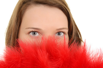 Closeup woman with red feather fan