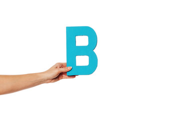hand holding up the letter B from the left