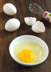 Cooking, whisk with eggs in a bowl and egg shells