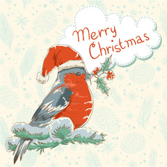 Christmas retro postcard with bullfinch bird © Yuzach