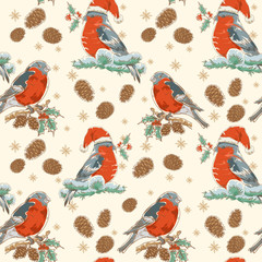 Christmas seamless retro background with bullfinch bird - 46508270