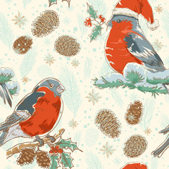 Christmas seamless retro background with bullfinch bird - 46508272