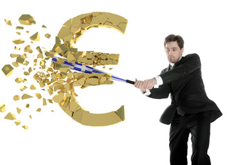 Greek businessman breaks the euro with a baseball bat