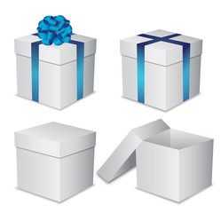 Set white gift boxes with a blue bow on white background