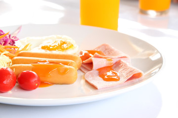 Breakfast meal on morning table.