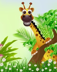 cute giraffe cartoon smiling with tropical forest background