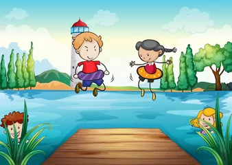 Foto op Plexiglas kinderen zwemmen in de natuur © GraphicsRF