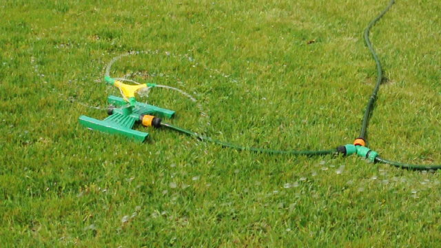 Lawn sprinkler splashing water over green grass.