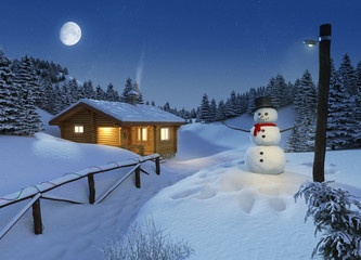 log cottage in a winter christmas scene