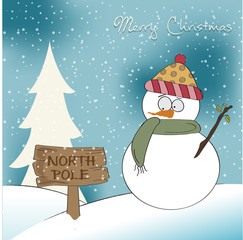 Christmas greeting card with funny snowman