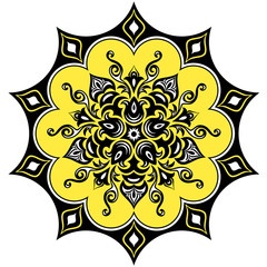 Kaleidoscopic floral pattern. Mandala in yellow black and white