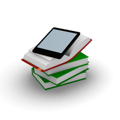 E-book reader on stacked books