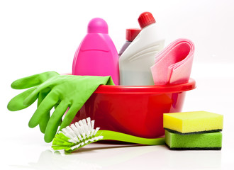 box of cleaning supplies