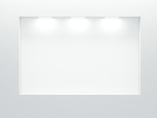 Empty illuminated  showcase on the white wall.