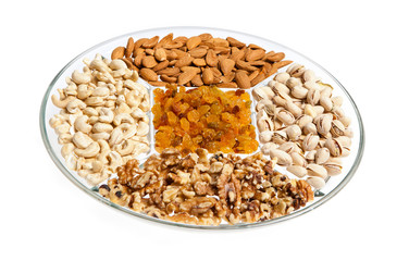 Dry Fruits and Nuts in a Plate, On White Background