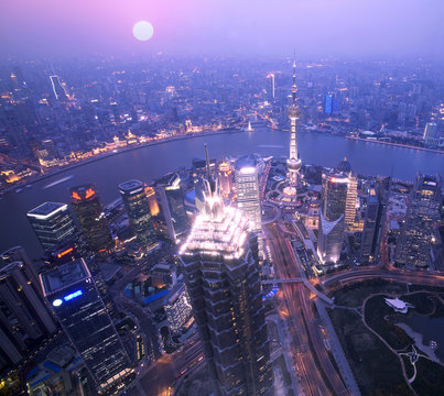 Dusk bird's eye view of Shanghai Pudong