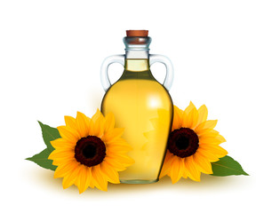 Bottle of sunflower oil with flower. Vector illustration.