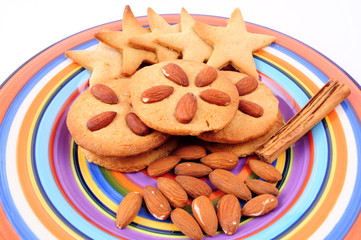 homemade biscuits on colourful dish. Christmas cookies