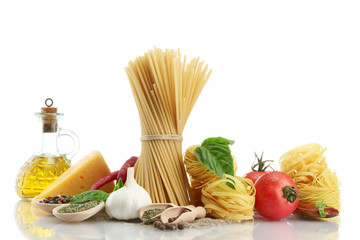 Pasta spaghetti, vegetables, spices and oil, isolated on white