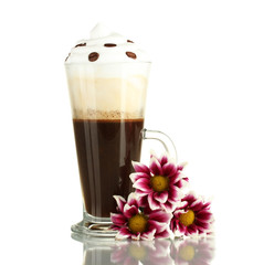 glass of fresh coffee cocktail with flower isolated on white