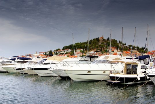 Old harbor or marina and stone houses, Croatia Dalmatia