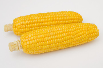 Two boiled corns isolated on white background