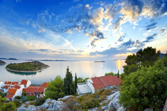 Panorama of coast, islands and old town, Croatia Dalmatia