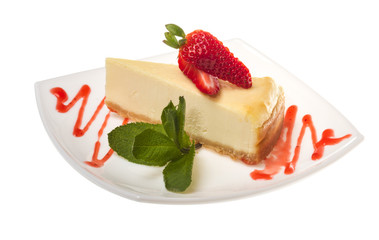 a piece of strawberry cheesecake on whit