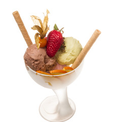yogurt and chocolate ice cream in a bowl close up