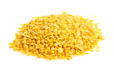 Yellow lentils isolated on white background. Macro shot