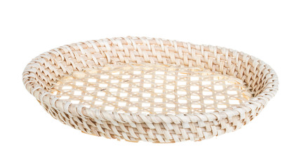 Wickerwork empty yellow breadbasket on white background