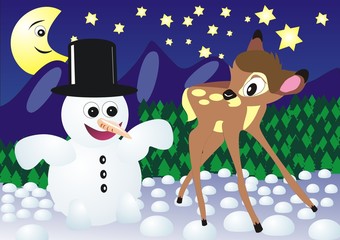 Snow man with fawn