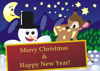 Snow man with fawn and board with christmas greetings