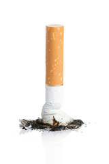 Cigarette butt with ash isolated on white background