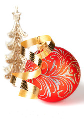 Red Christmas ball with a gold ribbon